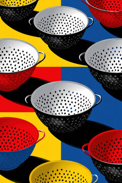 Colorful colanders on vibrant geometric background