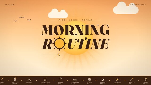 Morning routine daily schedule icon ticker on sunrise gradient background