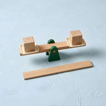 Wooden balance scale toy with cubes, miniature seesaw for physics education, natural wood weight comparison concept on blue background