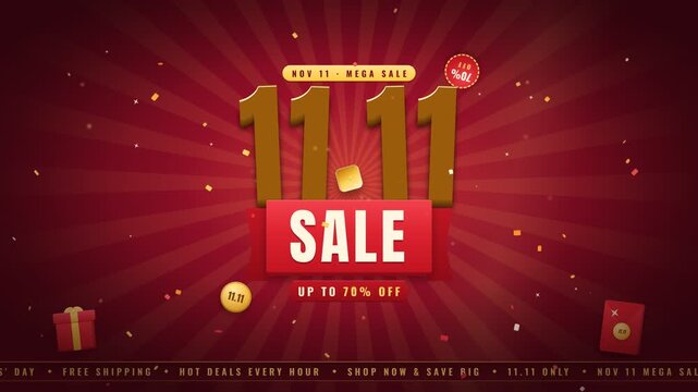 11.11 mega sale promotional animation with gold numbers and red background