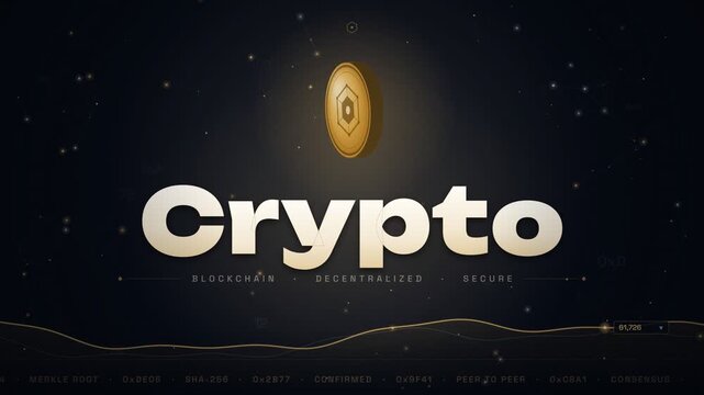 Crypto currency blockchain decentralized secure motion graphics with gold coin and data network