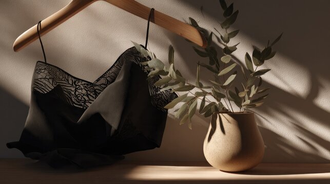 Black cutout monokini on hanger with ceramic sphere, minimal fashion product concept