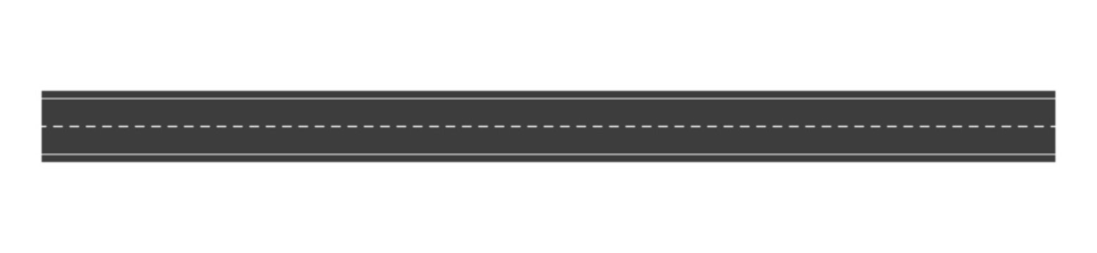 Horizontal asphalt road vector illustration with dashed white lane markings, top view of a straight highway for transportation, traffic, map infographics, and urban planning design