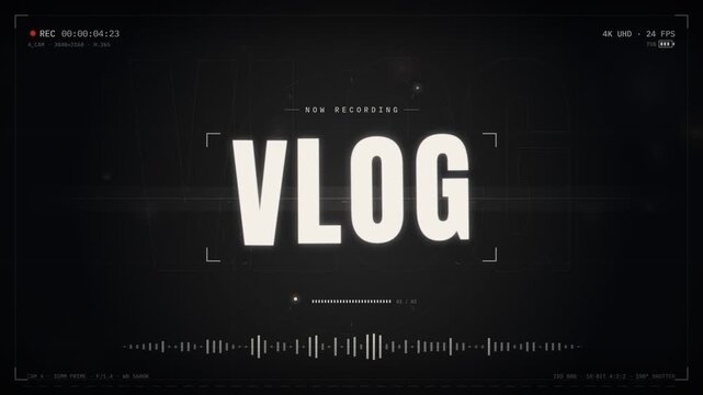 Vlog video intro camera interface overlay with recording status and audio waveform