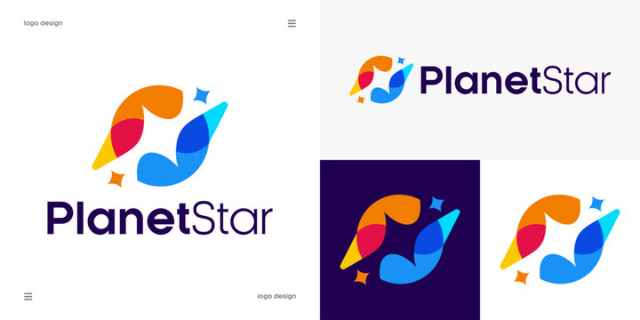 planet star vector logo design featuring colorful orbit swirl and spark stars for space science tech