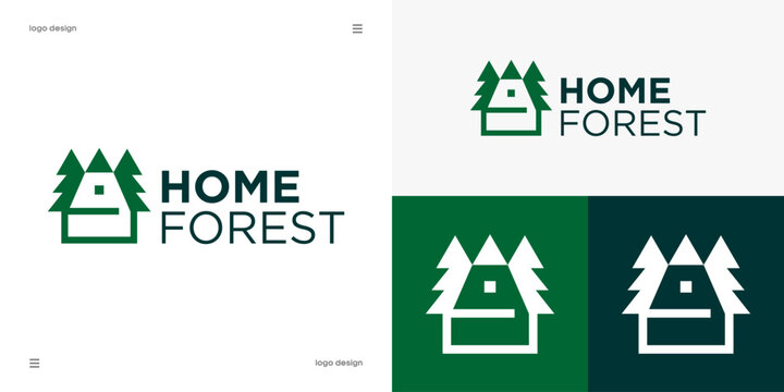 home forest logo vector template featuring green pine trees and cabin house icon for nature lodge