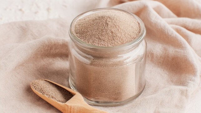 Glass jar of psyllium husk powder with wooden scoop, natural fiber supplement concept