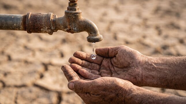A person holds their dirty hands under a rusted outdoor faucet to catch a single drop of water against a backdrop of parched cracked earth.