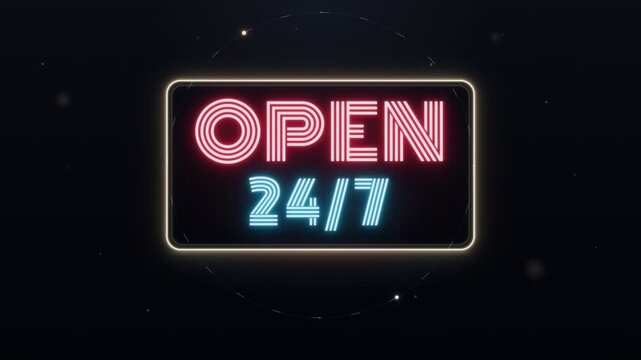 Neon open 247 glowing sign animation with futuristic frame and particles