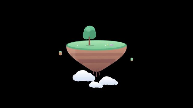 Floating island with tree and clouds in flat vector style.