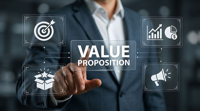 Businessman interacting with digital value proposition and marketing strategy