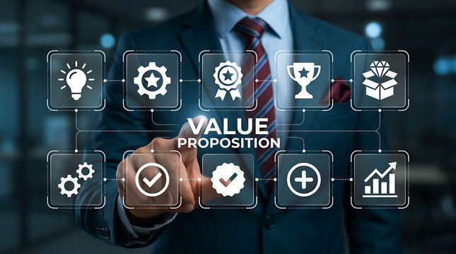 Businessman pointing at value proposition concept with digital icons and strategy