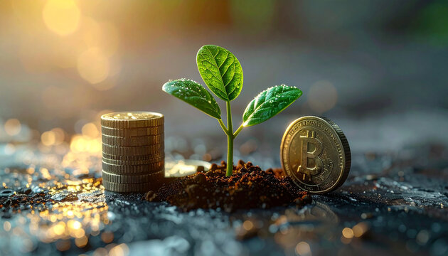 Sprouting Wealth: A young seedling emerges from rich soil, flanked by stacks of coins and a bitcoin, symbolizing financial growth and the dawn of new investment opportunities.