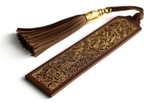 Handcrafted leather bookmark with intricate gold floral embossing and