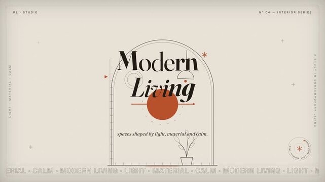 Modern living interior design title card with minimalist architecture animation elements