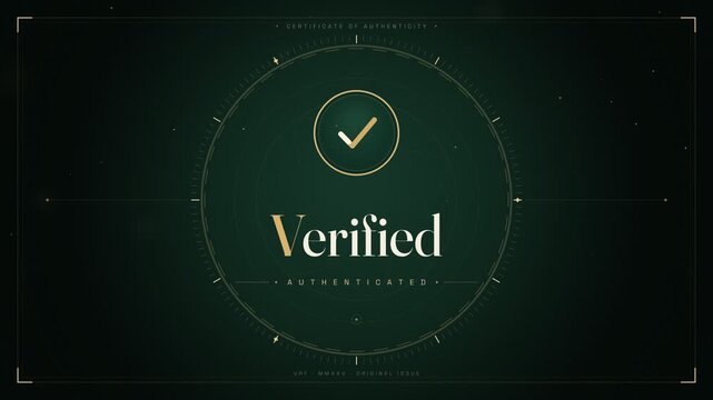 Verified authenticated certificate of authenticity gold badge interface security animation
