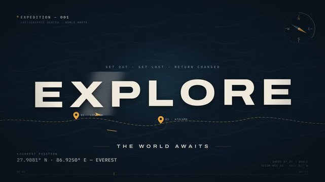 Cartographic world route expedition motion graphic with GPS coordinates and pin markers