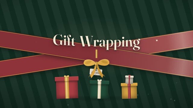 Festive holiday gift wrapping service banner animation with present boxes and ribbons