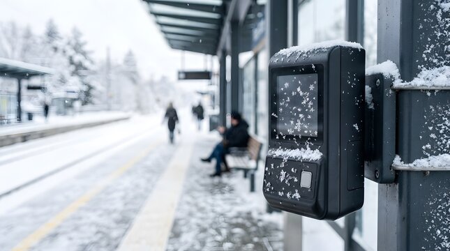 Snow covered electronic ticket validator at a winter transit platform