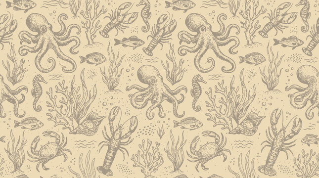 Hand drawn octopus lobster crab and fish pattern on beige coastal background