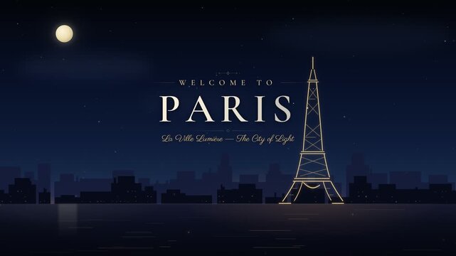 Welcome to Paris night city skyline animation with iconic Eiffel Tower glowing lights