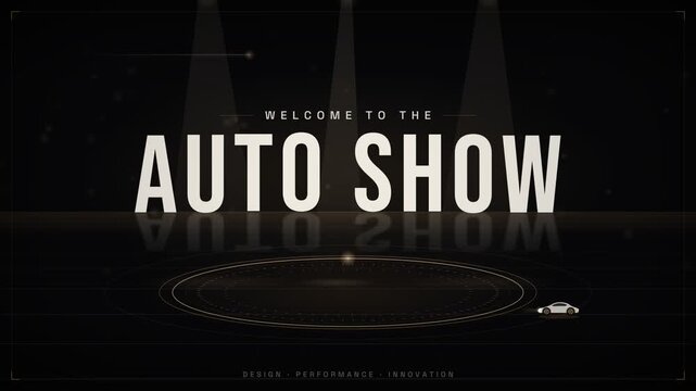 Luxury auto show stage presentation with spotlights and minimalist concept car animation