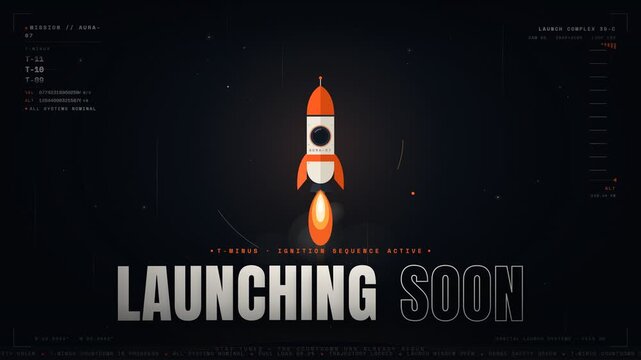Futuristic launching soon rocket animation with mission countdown and technical data design style