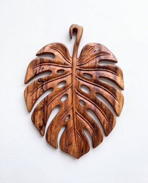 Carved koa wood wall art with tropical monstera leaf