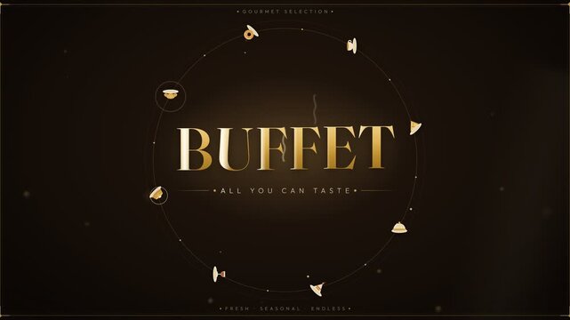 Gourmet buffet all you can taste luxury golden food selection animation with spinning icons