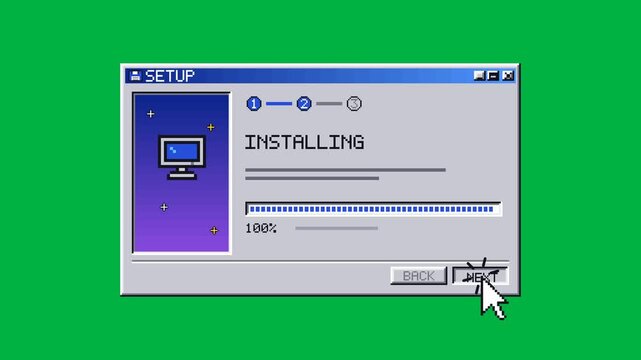 Vintage installation wizard advances through a progress bar with a next button on green screen