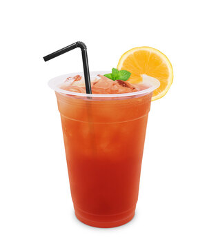 Iced Tea with Lemon Slice, Mint and Drinking Straw in a Plastic Cup on Transparent Background Png