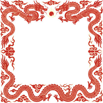 Chinese dragon border art intricate red flames New Year celebration