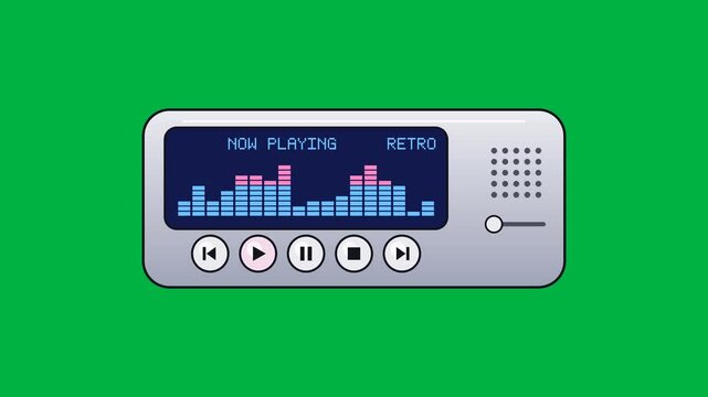 Retro music player pulses with animated equalizer bars in a seamless green screen loop