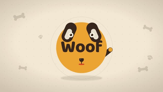 Cute Cartoon Dog Face Animation with Woof Speech Bubble and Bones Background