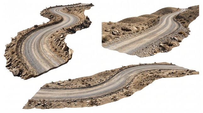 Three isolated segments of winding dirt roads through arid desert terrain with rocky slopes, gravel surfaces, and sparse dry vegetation