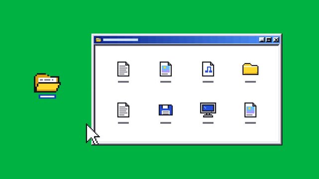 Double click opens a retro folder window and reveals a grid of colorful file icons on green screen