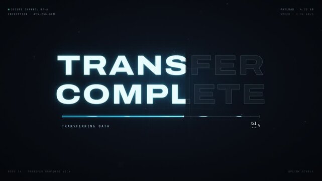 Digital Data Transfer Complete Interface Animation on Dark Blue Grid Background