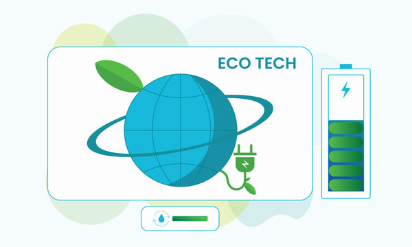 Eco tech concept illustration with globe and battery power