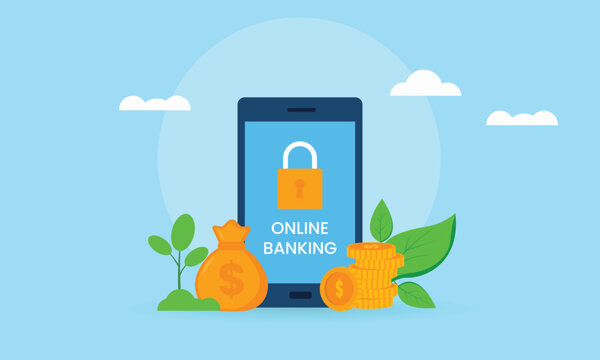 Smartphone displaying online banking app with secure lock and money