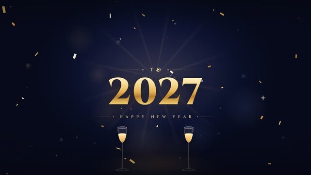 Happy New Year 2027 Golden Typography Celebration Animation with Champagne Glasses