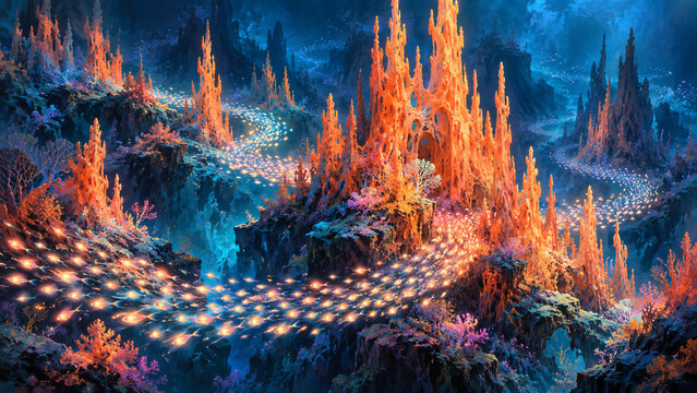 Coral Spires Illuminated by a River of Tiny Lantern Fish