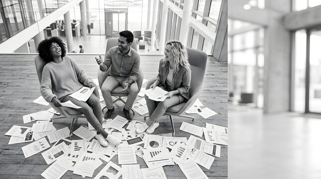 Diverse young creative professionals laughing during office meeting
