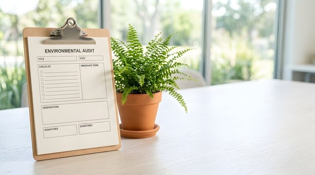 Environmental audit form on a wooden clipboard beside a potted fern