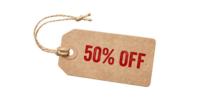 Brown Kraft Paper Discount Tag with Red Fifty Percent Off Stencil Text and Twine String on Black Background