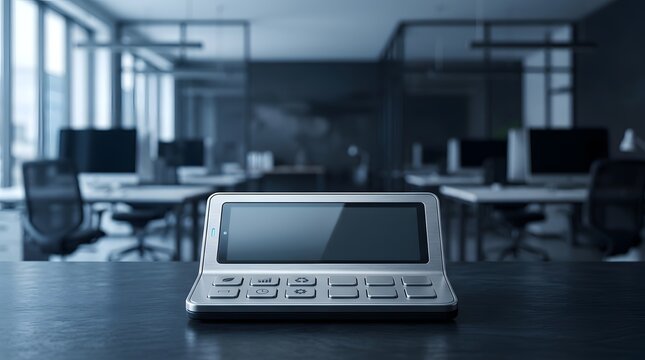 Futuristic digital control console on desk in modern office