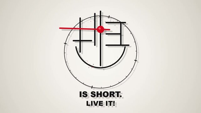 Animated clock face graphic with moving red hand and motivational text on white background