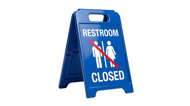 Blue Plastic Restroom Closed A-Frame Sign with White Icons Red Diagonal Line on Black Background