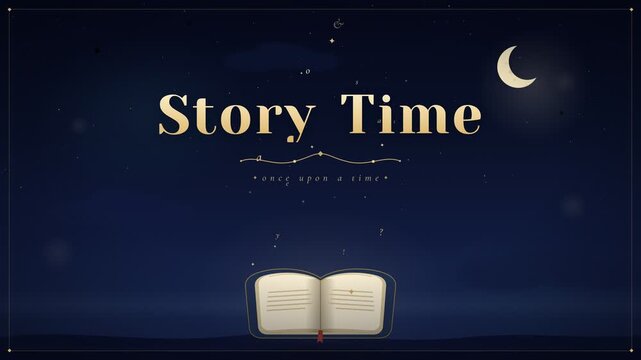 Magical bedtime story time title animation with open book and starry night sky