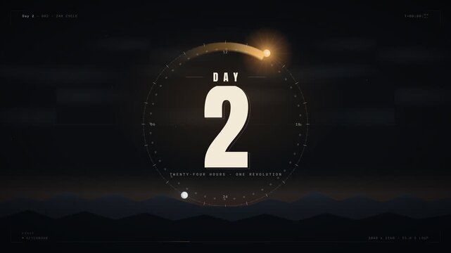 Day 2 futuristic hud countdown timer with 24 hour cycle orbit animation