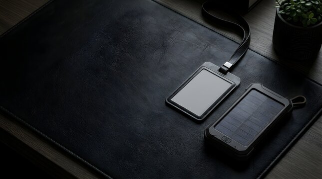 ID badge holder and solar charger on black leather desk pad